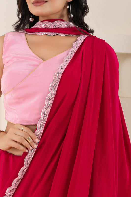 AIzaSyBcstauz-XMPRhEY21AUzeo032pxrXB5Ug - Fuchsia And Baby Pink Pure Viscose Crepe Saree Set With Border (Saree With Blouse Piece)