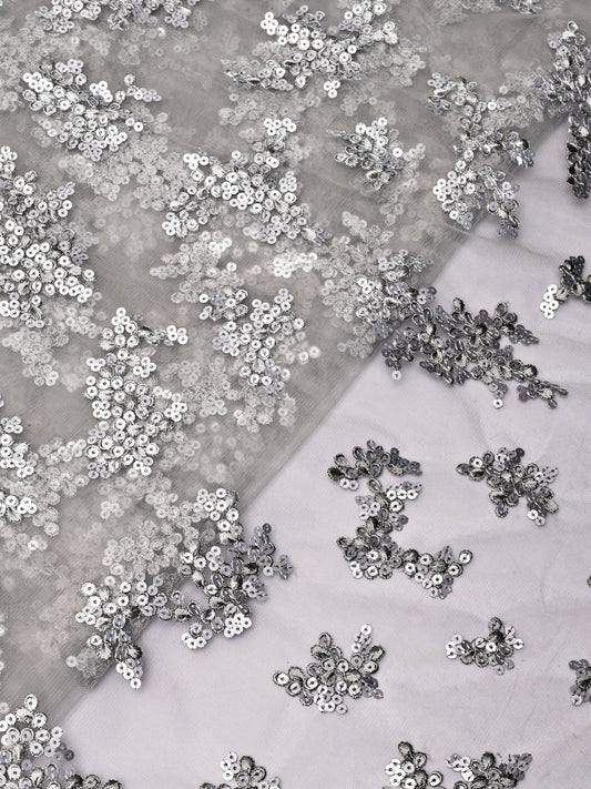 AIzaSyBcstauz-XMPRhEY21AUzeo032pxrXB5Ug - Exclusive Grey Thread With Sequins Abstract Embroidery Work On Grey Soft Net Fabric