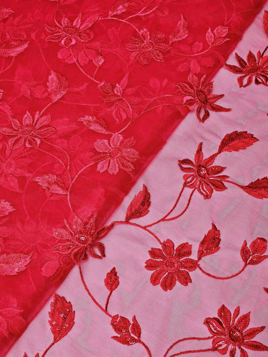 AIzaSyBcstauz-XMPRhEY21AUzeo032pxrXB5Ug - Cherry Red Thread With Water Sequins Floral Embroidery On Cherry Red Soft Net Fabric