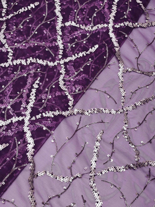 Silver Sequins Geometric Embroidery On Wine Soft Net Fabric