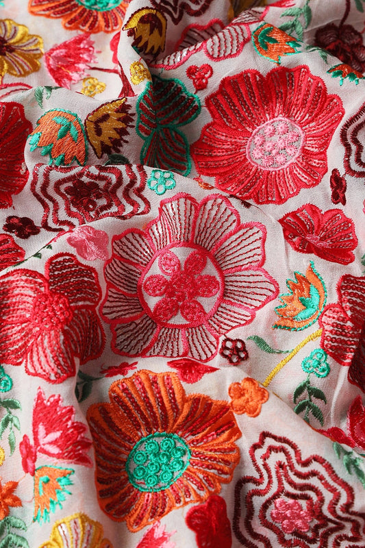 AIzaSyBcstauz-XMPRhEY21AUzeo032pxrXB5Ug - Attractive Multi Color Thread With Sequins Floral Embroidery On White Viscose Georgette Fabric