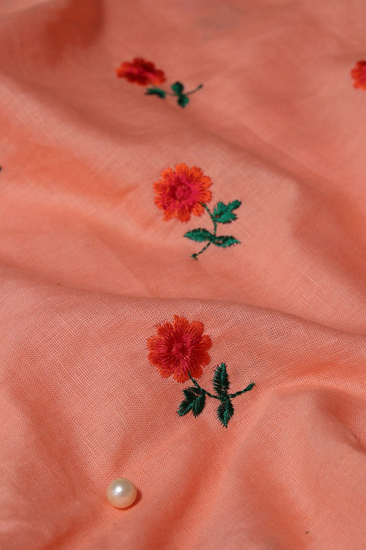 AIzaSyBcstauz-XMPRhEY21AUzeo032pxrXB5Ug - Beautiful Dark Orange And Green Floral Embroidery Work On Peach Pure Cotton Fabric