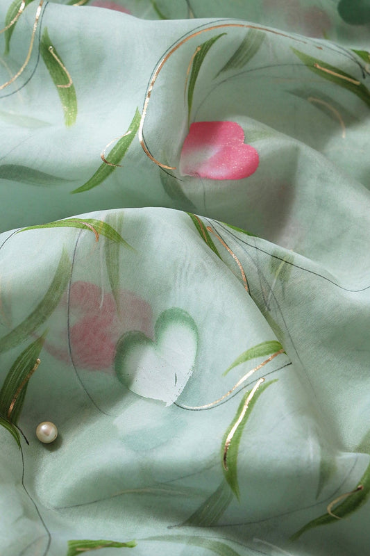 AIzaSyBcstauz-XMPRhEY21AUzeo032pxrXB5Ug - Beautiful Floral Hand Painted With Foil Work On Olive Organza Fabric