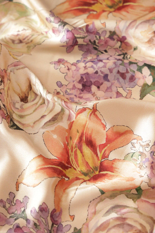 AIzaSyBcstauz-XMPRhEY21AUzeo032pxrXB5Ug - Beautiful Multi Color Floral Pattern Digital Print On Cream Satin Fabric
