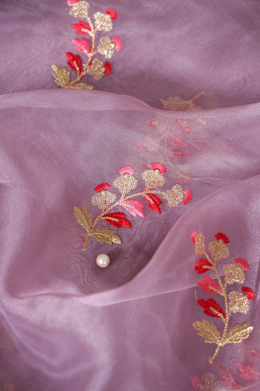 AIzaSyBcstauz-XMPRhEY21AUzeo032pxrXB5Ug - Beautiful Multi Color Leafy Embroidery Work On Lilac Purple Tissue Fabric