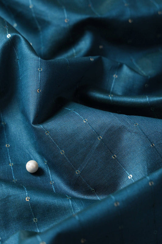 AIzaSyBcstauz-XMPRhEY21AUzeo032pxrXB5Ug - Beautiful Rama Thread With Gold Sequins Stripes Embroidery On Rama Viscose Chanderi Silk Fabric