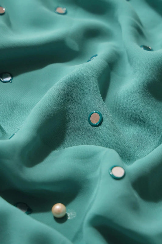 AIzaSyBcstauz-XMPRhEY21AUzeo032pxrXB5Ug - Beautiful Real Mirror Embroidery Work On Teal Georgette Fabric