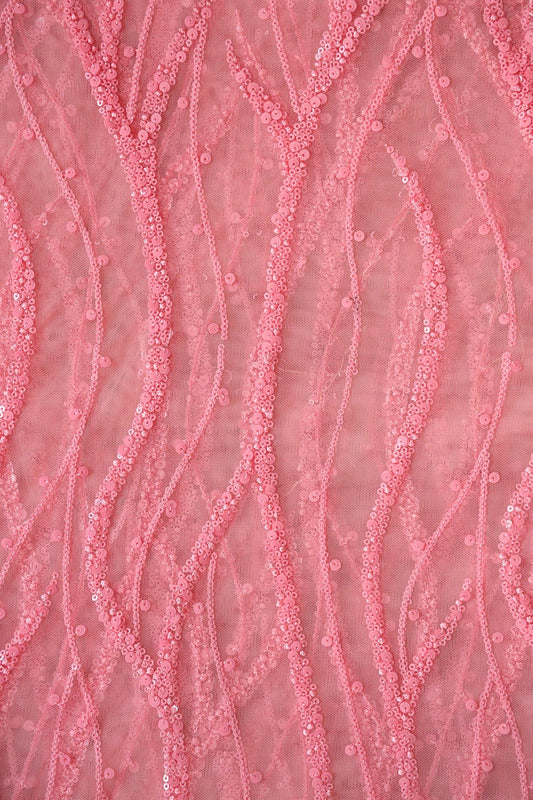 AIzaSyBcstauz-XMPRhEY21AUzeo032pxrXB5Ug - Beautiful Sequins With Pink Thread Wavy Embroidery Work On Pink Soft Net Fabric