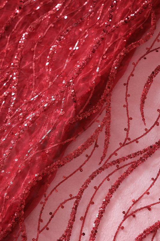 AIzaSyBcstauz-XMPRhEY21AUzeo032pxrXB5Ug - Beautiful Sequins With Red Thread Wavy Embroidery Work On Red Soft Net Fabric