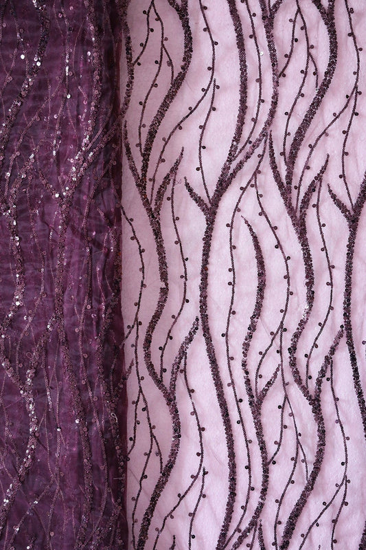 AIzaSyBcstauz-XMPRhEY21AUzeo032pxrXB5Ug - Beautiful Sequins With Wine Thread Wavy Embroidery Work On Wine Soft Net Fabric