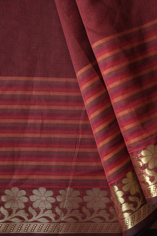 AIzaSyBcstauz-XMPRhEY21AUzeo032pxrXB5Ug - Beautiful Stripes With Floral Zari Jacquard Border Maroon Organza Fabric
