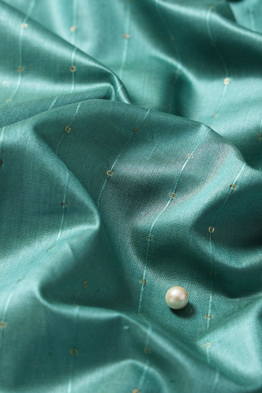 AIzaSyBcstauz-XMPRhEY21AUzeo032pxrXB5Ug - Beautiful Teal Thread With Gold Sequins Stripes Embroidery On Teal Viscose Chanderi Silk Fabric