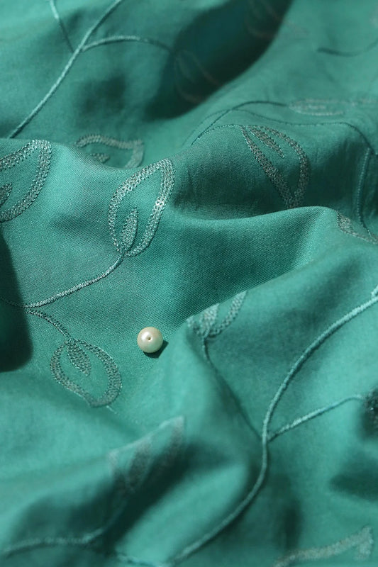 AIzaSyBcstauz-XMPRhEY21AUzeo032pxrXB5Ug - Beautiful Water Sequins Leafy Embroidery On Teal Pure Chanderi Silk Fabric