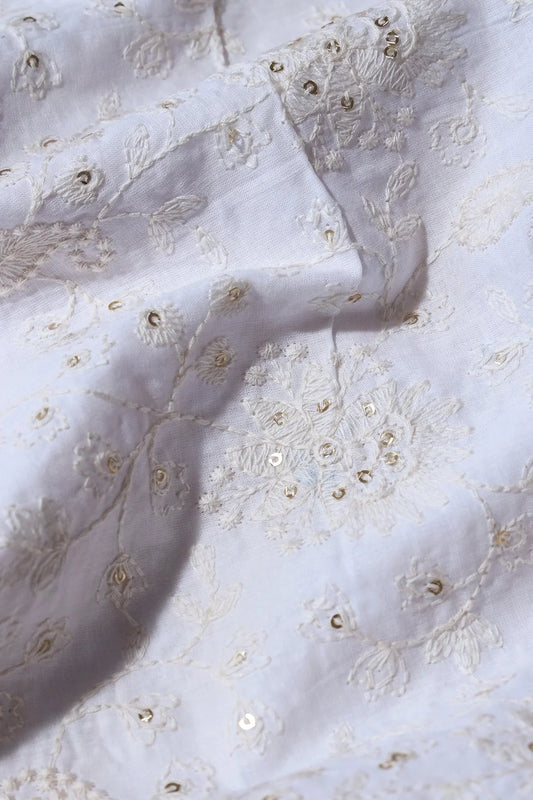 AIzaSyBcstauz-XMPRhEY21AUzeo032pxrXB5Ug - Beautiful White Thread With Gold Sequins Lucknowi Floral Embroidery Work On White Soft Cotton Fabric