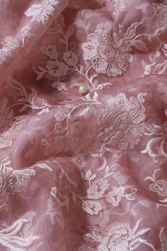 AIzaSyBcstauz-XMPRhEY21AUzeo032pxrXB5Ug - Beautiful White Thread With Sequins Floral Embroidery Work On Light Brown Organza Fabric