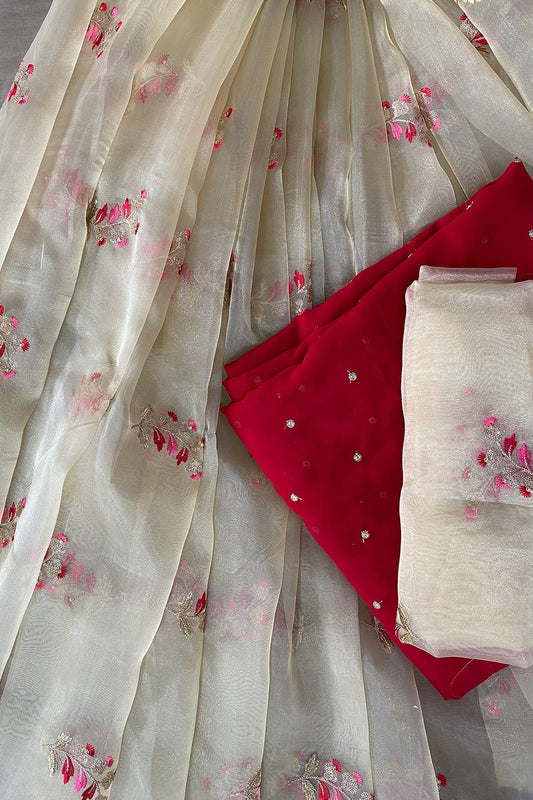 AIzaSyBcstauz-XMPRhEY21AUzeo032pxrXB5Ug - Beige and Red Unstitched Lehenga Set Fabric (3 Piece)