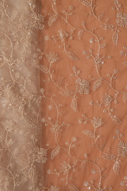 AIzaSyBcstauz-XMPRhEY21AUzeo032pxrXB5Ug - Beige Thread With Water Sequins Floral Embroidery On Beige Soft Net Fabric