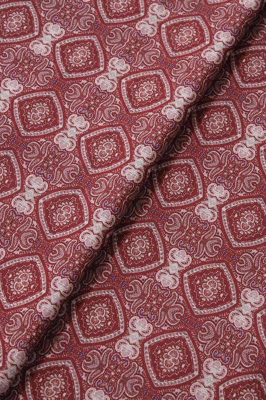 AIzaSyBcstauz-XMPRhEY21AUzeo032pxrXB5Ug - Beige Traditional Pattern Digital Print On Dark Maroon French Crepe Fabric