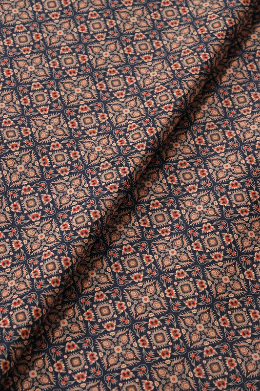 AIzaSyBcstauz-XMPRhEY21AUzeo032pxrXB5Ug - Beige Traditional Pattern Digital Print On Navy Blue French Crepe Fabric