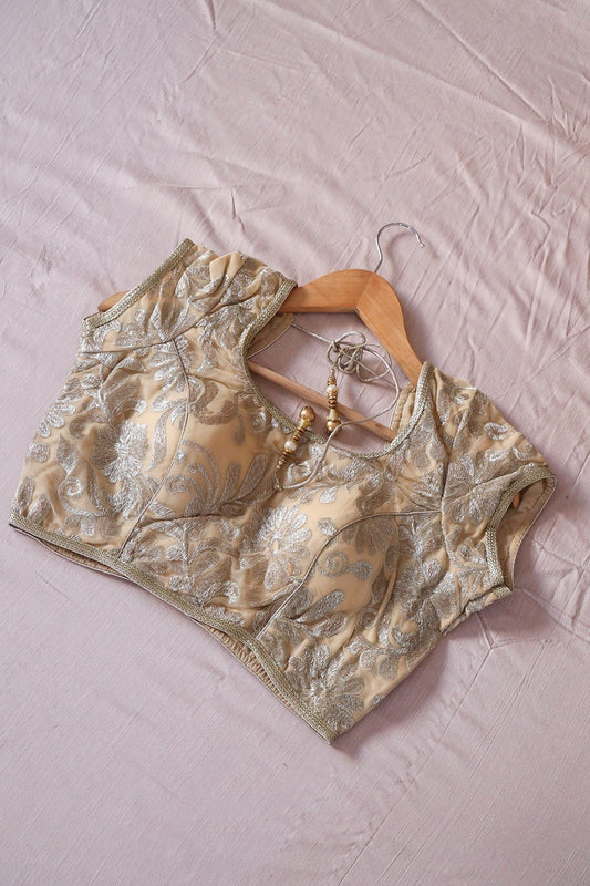 AIzaSyBcstauz-XMPRhEY21AUzeo032pxrXB5Ug - Beige Zari Embroidery Net Stitched Blouse