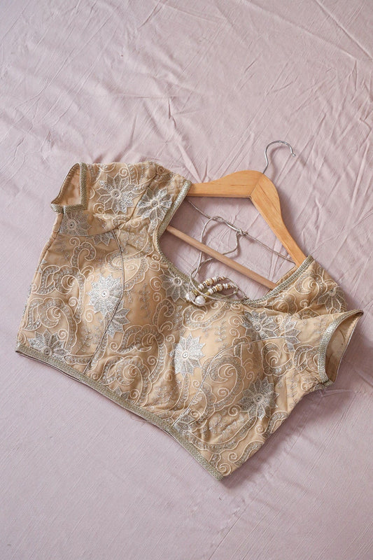 AIzaSyBcstauz-XMPRhEY21AUzeo032pxrXB5Ug - Beige Zari Embroidery Net Stitched Blouse