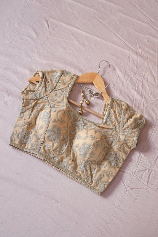 AIzaSyBcstauz-XMPRhEY21AUzeo032pxrXB5Ug - Beige Zari Embroidery Net Stitched Blouse