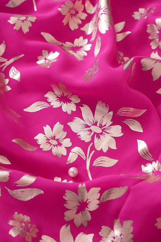 AIzaSyBcstauz-XMPRhEY21AUzeo032pxrXB5Ug - Big Width "56" Beautiful Floral Gold Foil Print On Fuchsia Georgette Fabric