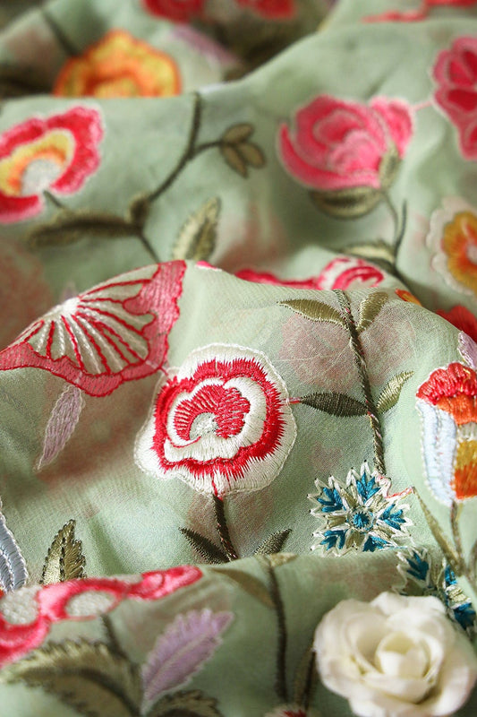 AIzaSyBcstauz-XMPRhEY21AUzeo032pxrXB5Ug - Big Width "56" Multi Thread With Water Sequins Floral Embroidery On Olive Viscose Georgette Fabric