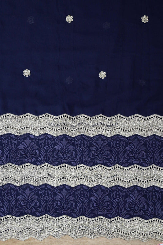 AIzaSyBcstauz-XMPRhEY21AUzeo032pxrXB5Ug - Big Width''56'' Blue Thread With Zari Ethnic Embroidery Work On Navy Blue Georgette Fabric With Border