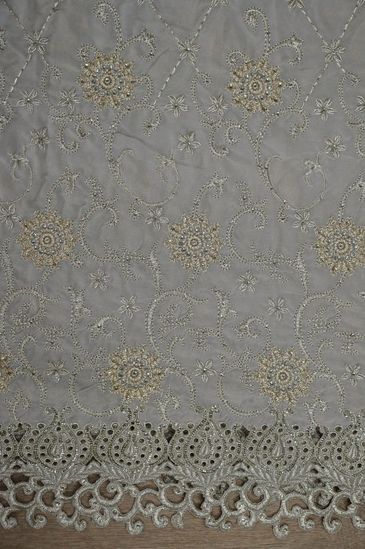 AIzaSyBcstauz-XMPRhEY21AUzeo032pxrXB5Ug - Big Width''56'' Gold And Silver Zari Floral Embroidery Work On Grey Georgette Fabric With Border