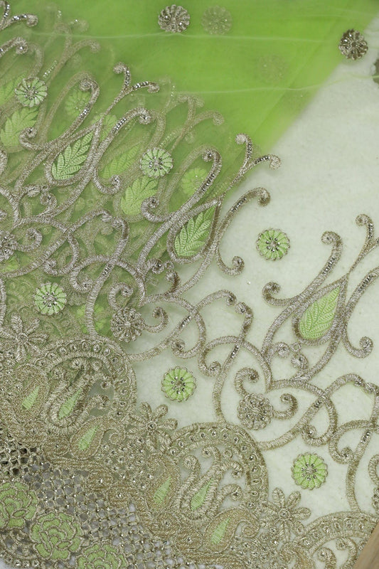 AIzaSyBcstauz-XMPRhEY21AUzeo032pxrXB5Ug - Big Width''56'' Green Thread With Zari Traditional Embroidery Work On Parrot Green Soft Net Fabric With Border