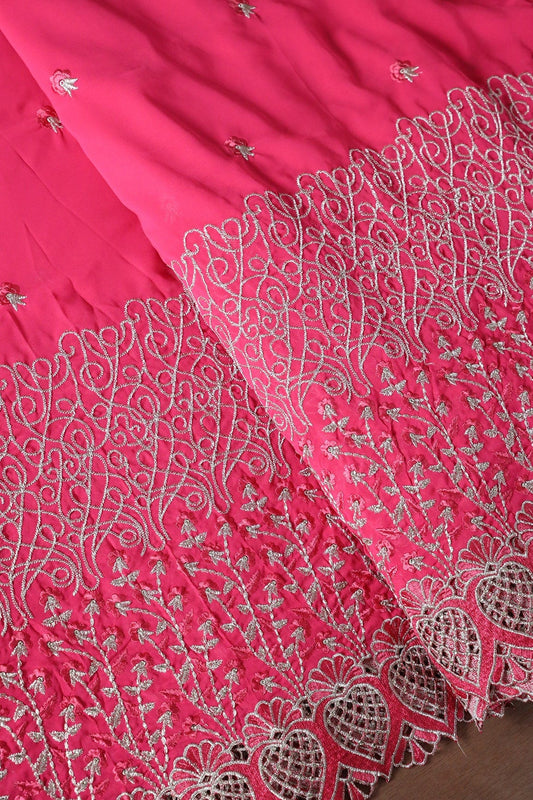 AIzaSyBcstauz-XMPRhEY21AUzeo032pxrXB5Ug - Big Width''56'' Pink Thread With Zari Floral Embroidery Work On Gajri Pink Georgette Fabric With Border