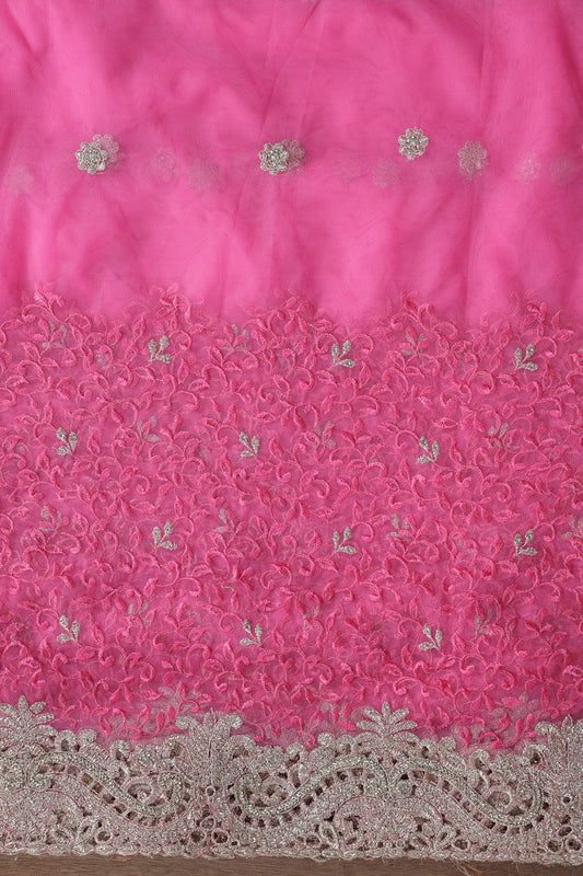 AIzaSyBcstauz-XMPRhEY21AUzeo032pxrXB5Ug - Big Width''56'' Pink Thread With Zari Leafy Embroidery Work On Pink Soft Net Fabric With Border