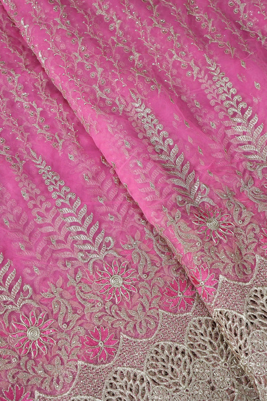 AIzaSyBcstauz-XMPRhEY21AUzeo032pxrXB5Ug - Big Width''56'' Pink Thread With Zari Traditional Embroidery Work On Pink Soft Net Fabric With Border