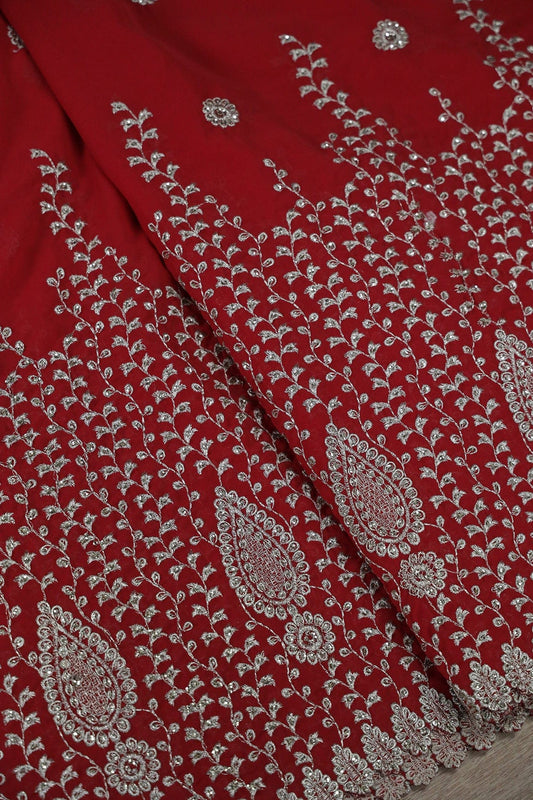 AIzaSyBcstauz-XMPRhEY21AUzeo032pxrXB5Ug - Big Width''56'' Silver Zari Leafy Embroidery Work On Red Georgette Fabric With Border