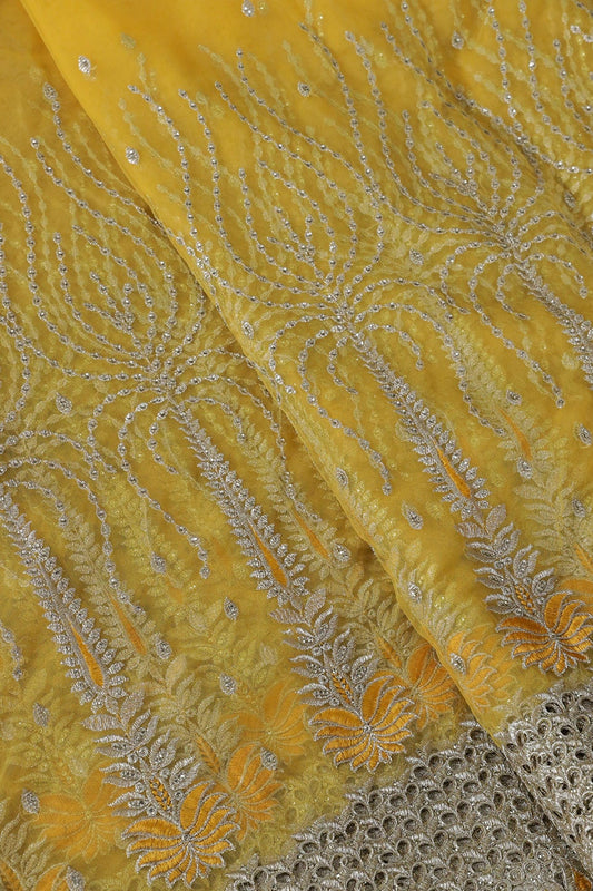AIzaSyBcstauz-XMPRhEY21AUzeo032pxrXB5Ug - Big Width''56'' Yellow Thread With Zari Traditional Embroidery Work On Yellow Soft Net Fabric With Border