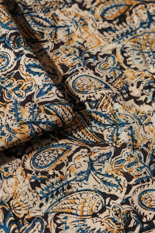 AIzaSyBcstauz-XMPRhEY21AUzeo032pxrXB5Ug - Black And Beige Floral Pattern Handblock Kalamkari Organic Cotton Fabric
