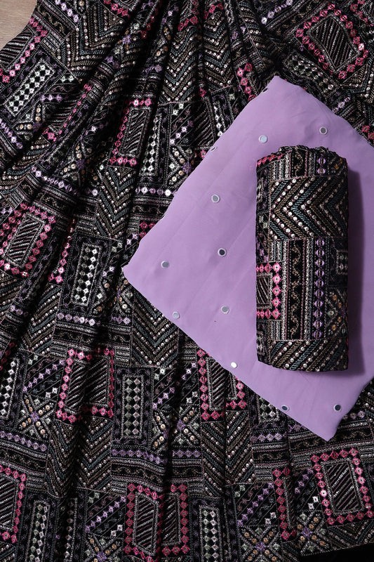 AIzaSyBcstauz-XMPRhEY21AUzeo032pxrXB5Ug - Black And Lilac Purple Unstitched Lehenga Set Fabric (3 Piece)