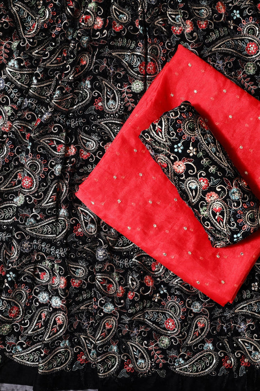 AIzaSyBcstauz-XMPRhEY21AUzeo032pxrXB5Ug - Black And Red Unstitched Lehenga Set Fabric (3 Piece)