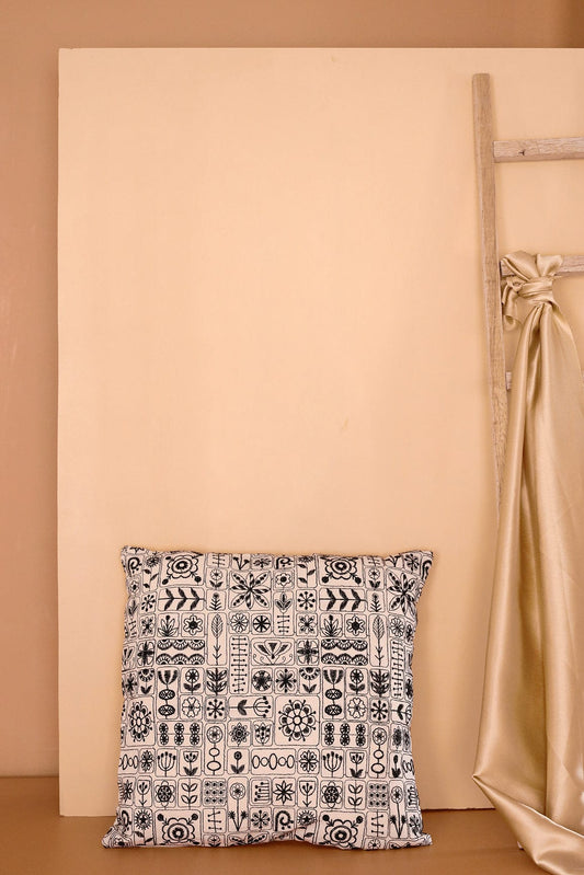 AIzaSyBcstauz-XMPRhEY21AUzeo032pxrXB5Ug - Black Cultural Embroidery on off white cotton Cushion Cover (16*16 inches)