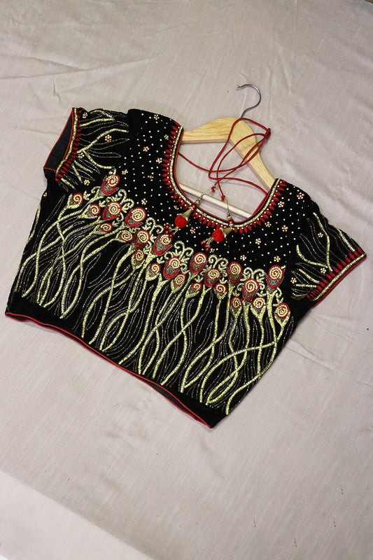 AIzaSyBcstauz-XMPRhEY21AUzeo032pxrXB5Ug - Black Hand Work Embroidery Velvet Stitched Blouse