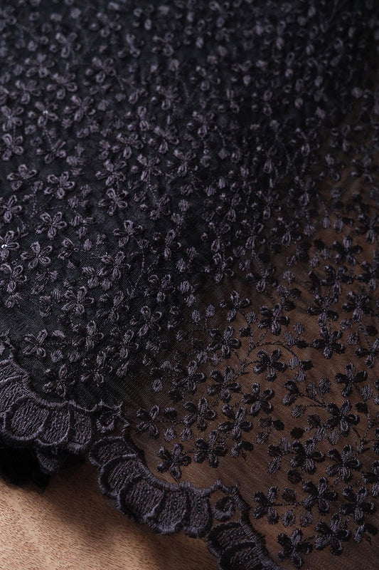 AIzaSyBcstauz-XMPRhEY21AUzeo032pxrXB5Ug - Black Thread Heavy Floral Embroidery On Black Soft Net Fabric With Border
