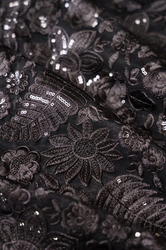 AIzaSyBcstauz-XMPRhEY21AUzeo032pxrXB5Ug - Black Thread With Sequins Heavy Floral Embroidery On Black Soft Net Fabric