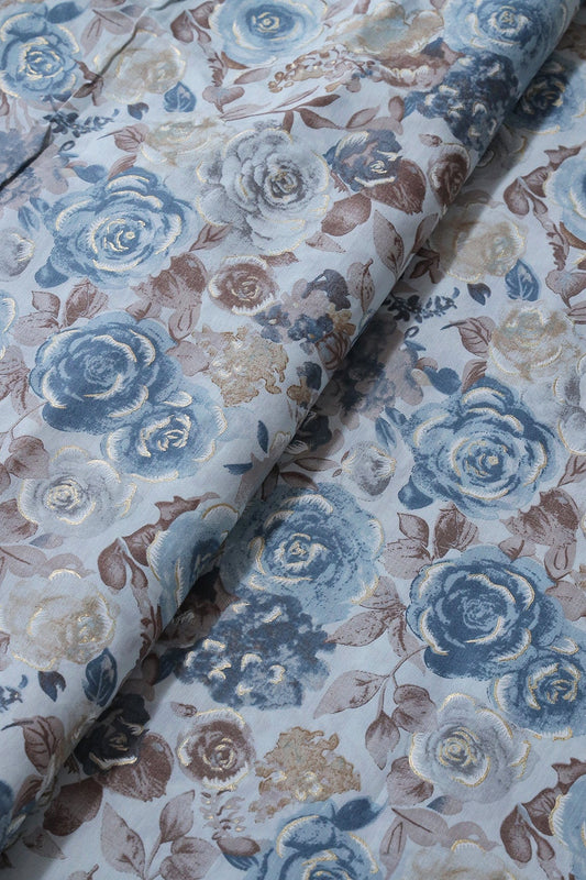 AIzaSyBcstauz-XMPRhEY21AUzeo032pxrXB5Ug - Blue And Brown Floral Foil Print On Pastel Blue Viscose Chanderi Silk Fabric