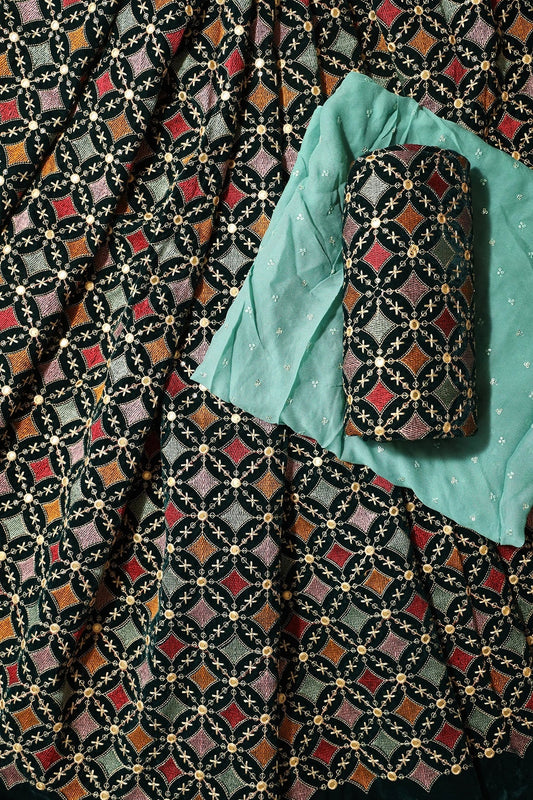 AIzaSyBcstauz-XMPRhEY21AUzeo032pxrXB5Ug - Bottle Green And Teal Unstitched Lehenga Set Fabric (3 Piece)