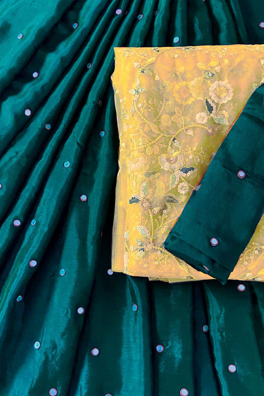 AIzaSyBcstauz-XMPRhEY21AUzeo032pxrXB5Ug - Bottle Green And Yellow Unstitched Lehenga Set Fabric (3 Piece)