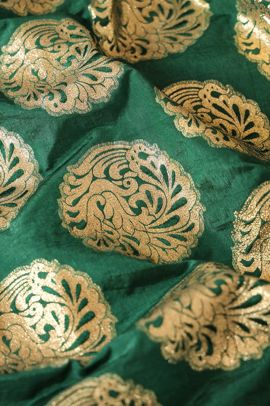 AIzaSyBcstauz-XMPRhEY21AUzeo032pxrXB5Ug - Bottle Green Ethnic Butta Silk Gold Zari Banarasi Jacquard Fabric