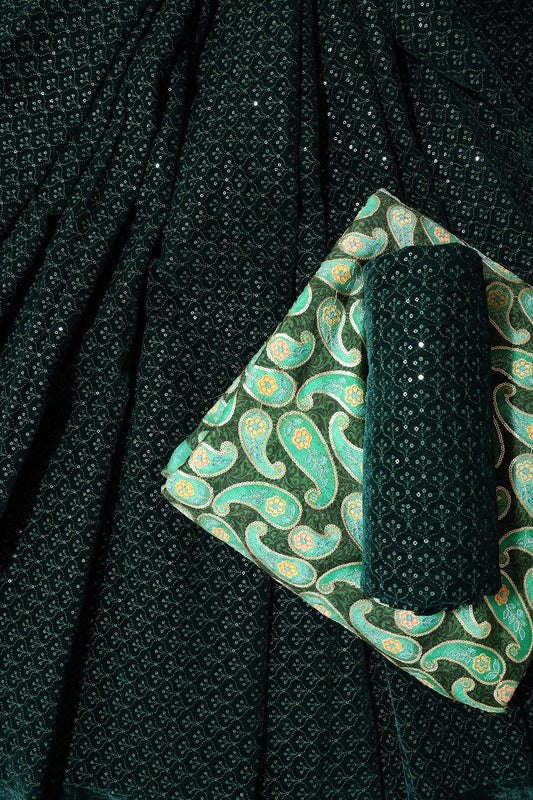 AIzaSyBcstauz-XMPRhEY21AUzeo032pxrXB5Ug - Bottle Green Unstitched Lehenga Set Fabric (3 Piece)