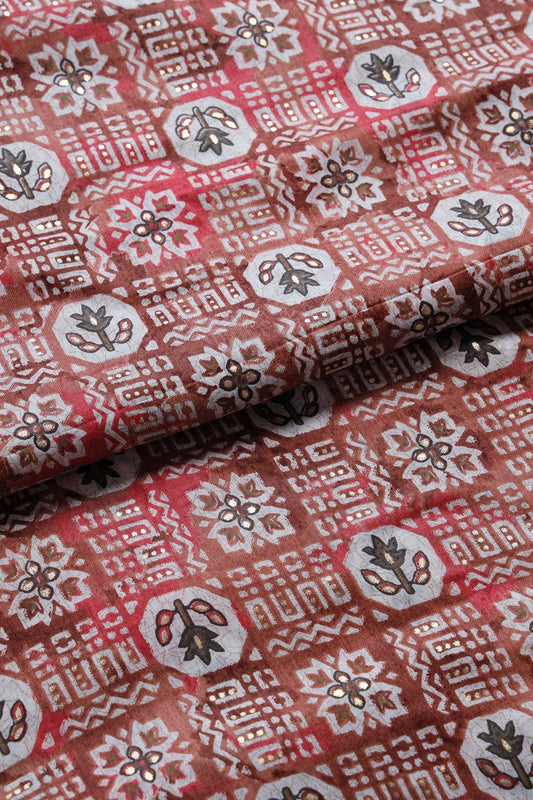 AIzaSyBcstauz-XMPRhEY21AUzeo032pxrXB5Ug - Brown And White Color Geometric Foil Print On Pure Mul Cotton Fabric