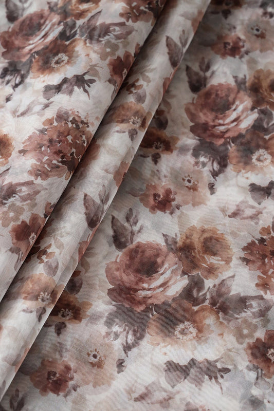 AIzaSyBcstauz-XMPRhEY21AUzeo032pxrXB5Ug - Brown Floral Digital Print On White Organza Fabric
